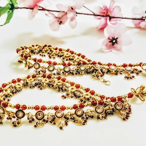 Kundan meenakari anklets with Ruby crystals and red beads/Medium and large size/22K Gold Plated/Meenakari /Anklets/Bollywood