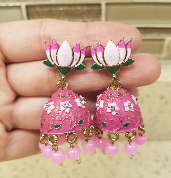 Kundan Meenakari Lotus Earrings With Pink Beads Pearls and CZ Crystals meenakari Earrings lotus Jewelry bollywood indian Jewelry Etsy Canada
