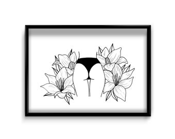 Lillies Butts Flowers Floral Bum Botanical Lingerie Black and White Illustration Art Drawing Print A5