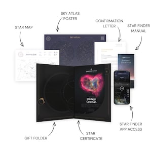 Può includere: Una collezione di articoli a tema astronomico, tra cui una mappa stellare, un poster Sky Atlas, una lettera di conferma, un manuale per la ricerca delle stelle e un certificato stellare. Presentato in una cartella regalo nera, con un'app per la ricerca delle stelle su smartphone.