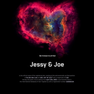 Può includere: Un certificato di registrazione stellare con un'immagine di nebulosa rosa e blu. Il certificato è per Jessy & Joe e indica che la stella si trova in RA 22h 46m 1.9s e DEC +35° 40' 19.3" con una magnitudine di 7.56. Il numero di registrazione è ADS85DC3B.