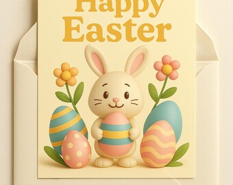 Könnte beinhalten: Eine gelbe Karte mit dem Text "Happy Easter" in Orange. Ein weißes Kaninchen hält ein blaues und gelbes gestreiftes Osterei. Das Kaninchen ist umgeben von drei Ostereiern, einem rosa mit weißen Punkten, einem blauen mit gelben Streifen und einem gelben mit rosa Streifen. Es gibt zwei gelbe Blumen mit grünen Stielen.