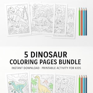 Printable Dinosaur Coloring Pages for Kids – 5 Fun Dinosaur Sheets – Instant Download Activity