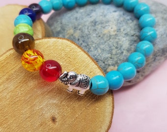 Chakra bead bracelet, handmade, turquoise blue beads, elephant charm.