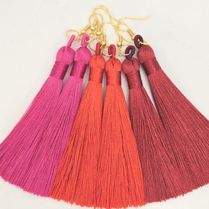Long Pink and Red Tassel Fringe Earrings.