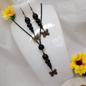 Moth, Night Butterfly Jewellery, Black Wooden Beads Jewellery Set, Necklace and Earrings with Antique Bronze Moth pendant