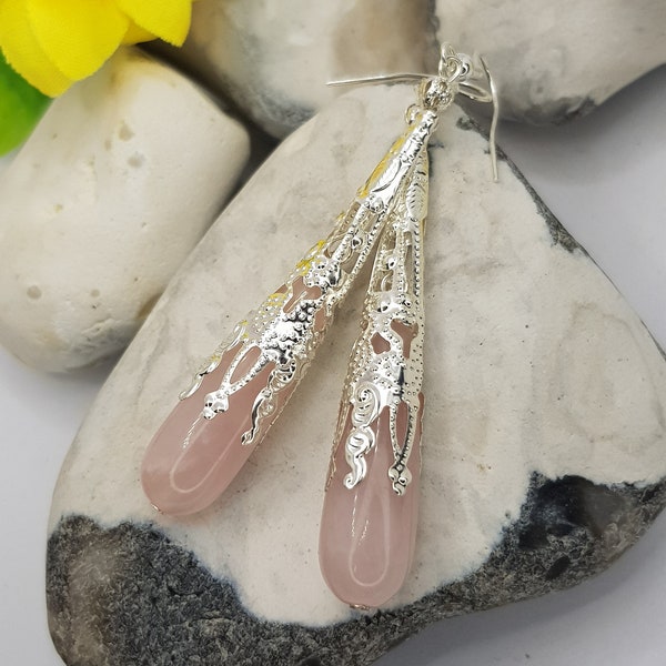 Natural Rose Quartz Earrings. Natural stone jewellery. Rose Quartz Dangle Drop Long handmade earrings. Pink and Silver Long Earrings.