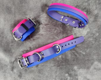 Bisexual Pride Cuffs and Collar: Vegan Friendly, Allergy Friendly, Latex Free