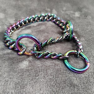 Könnte beinhalten: Ein mehrfarbiges Hundehalsband mit Kettenglied-Design. Das Halsband hat eine regenbogenfarbene, schillernde Oberfläche mit Farbtönen von Lila, Blau, Grün und Gold. Das Halsband hat einen kreisförmigen Verschluss und Ringe.