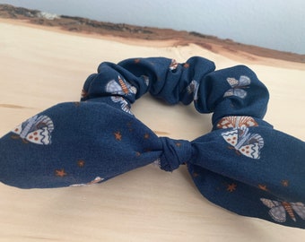 Whimsical moth butterfly navy blue cotton hair bow scrunchie elastic for ponytail messy bun top knot braid hair scarf