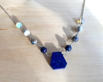 Silver ombré gemstone necklace featuring opalite howlite sodalite and lapis lazuli