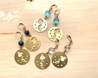 Brass moon planet and stars pendant earrings featuring matte blue aura quartz clear aura quartz or matte purple druzy agate