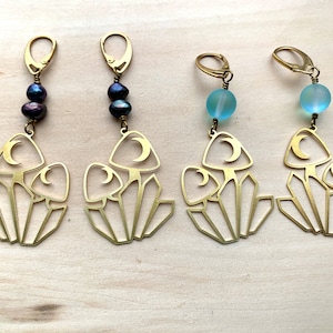 Brass mushroom pendant earrings with matte blue aura quartz or black freshwater pearls