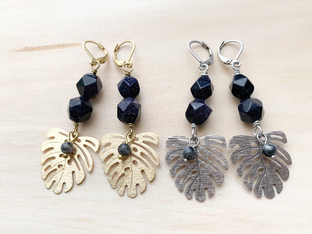 Navy Blue Goldstone Gemstone Monstera Leaf Charm Dangle Etsy