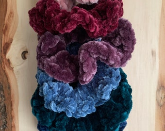 Velvet scrunchie crochet hair ties for buns braids ponytails topknots jewel toned blush blue purple burgundy teal navy pink