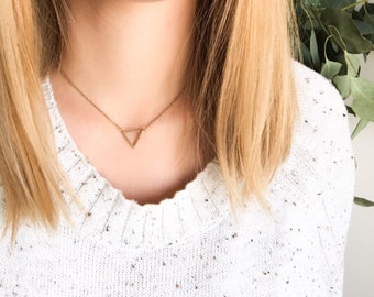 15 inch Triangle Choker Pendant Necklace Raw Brass Gold Geometric Trendy Layering Statement Jewelry Gift Sweater Necklace