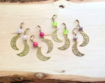 Brass floral crescent moon earrings with blush freshwater pearls, neon green jade, bright pink rhodochrosite, or aura rose quartz