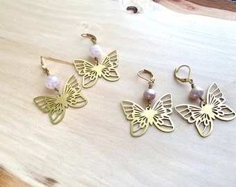 Brass butterfly earrings with blush freshwater pearls or aura rose quartz