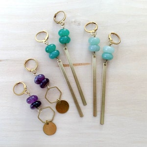 Raw brass dangle earrings with amethyst or aventurine featuring geometric shapes bars and hexagons image 1