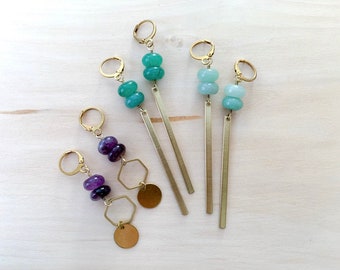 Raw brass dangle earrings with amethyst or aventurine featuring geometric shapes bars and hexagons