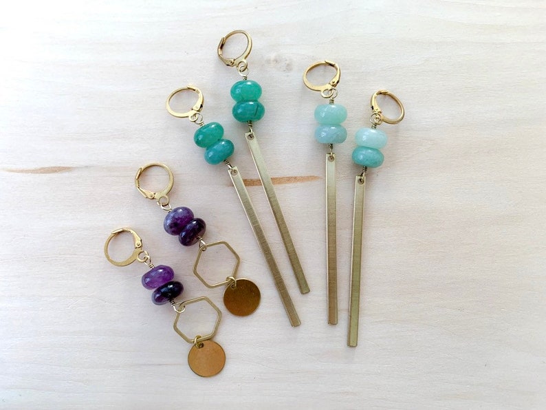 Raw brass dangle earrings with amethyst or aventurine featuring geometric shapes bars and hexagons image 1