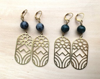 Raw brass mountain earrings with green moss agate or snowflake obsidian