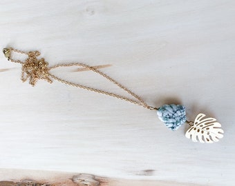 Monstera leaf raw brass charm necklace with leaf shaped green and white Tree Agate gemstone