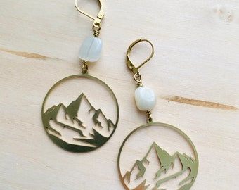 Moonstone and raw brass mountain earrings