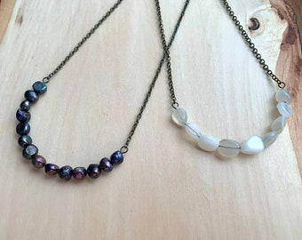 White moonstone or black freshwater pearl necklace