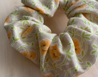 Orange and beige floral cotton washable scrunchie elastic for ponytail messy bun top knot braid hair flower print