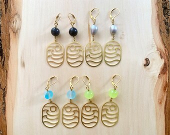 Brass ocean sunrise sunset earrings with grey freshwater pearls, neon green jade, matte blue aura quartz, or sparkling blue goldstone