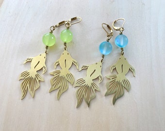 Brass koi fish earrings with neon green jade or matte blue aura quartz