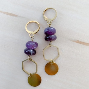 Raw brass dangle earrings with amethyst or aventurine featuring geometric shapes bars and hexagons image 2