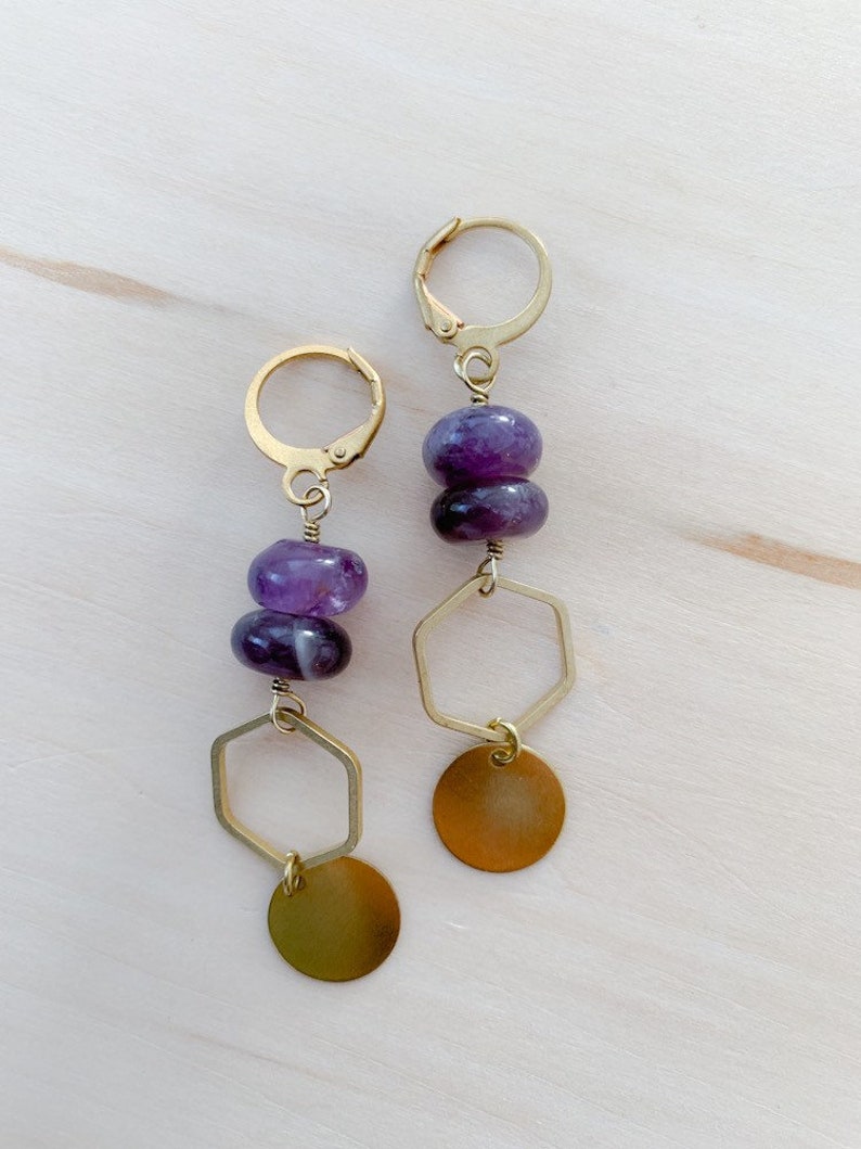 Raw brass dangle earrings with amethyst or aventurine featuring geometric shapes bars and hexagons image 2