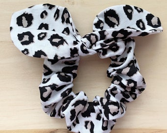 Cheetah animal print hair bow tie cotton scrunchies for ponytail braid messy bun top knot fall accessories black and white