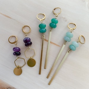 Raw brass dangle earrings with amethyst or aventurine featuring geometric shapes bars and hexagons image 5