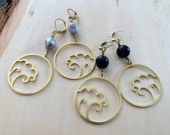 Brass ocean waves earrings with grey freshwater pearls or sparkling blue goldstone