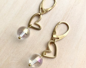Clear Angel aura quartz brass heart earrings