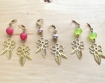 Brass flower earrings with blush freshwater pearls, neon green jade, or bright pink rhodochrosite