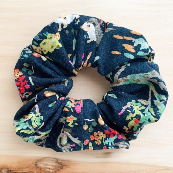 Whimsical forest animal navy blue and rainbow cotton hair scrunchie elastic for ponytail messy bun top knot braid