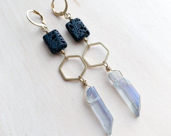 Long mystic aura quartz gemstone pendant lava stone diffuser earrings with brass hexagons