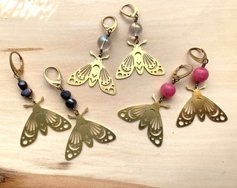 Brass moth butterfly earrings featuring rhodochrosite angel aura quartz and freshwater pears