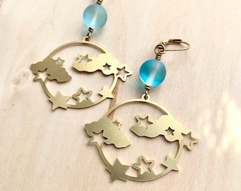 Matte blue aura quartz brass starry sky pendant earrings