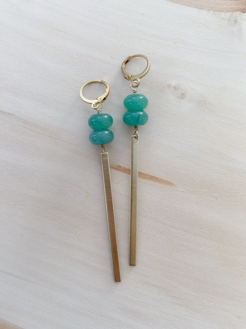 Raw brass dangle earrings with amethyst or aventurine featuring geometric shapes bars and hexagons image 3