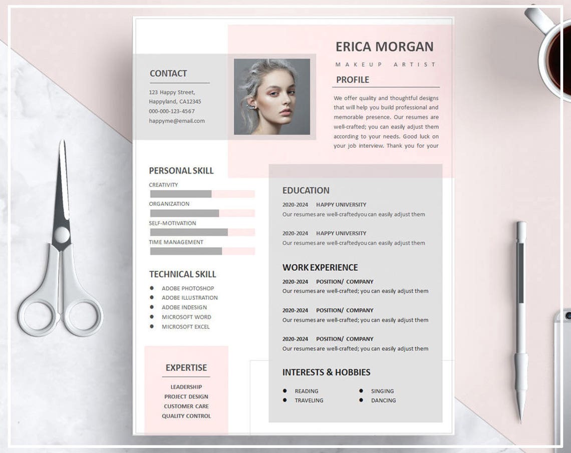 Pink Resume Template/ Pink CV Template/ Creative Resume Template Design ...