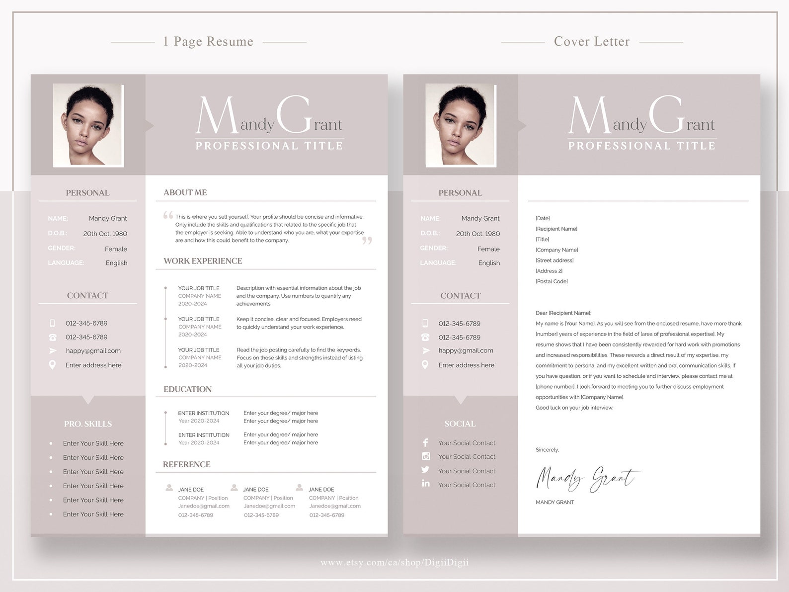 Resume Template/ Modern Resume/ One Page Professional Resume Template