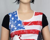 Upcycled stars and stripes eyelet and lacing cropped tank top UK14 16