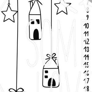 May include: Black and white illustration of a Christmas tree with four ornaments hanging from it. The ornaments are a star, a house, and two houses with windows. The numbers 1 through 24 are listed on the right side of the image.