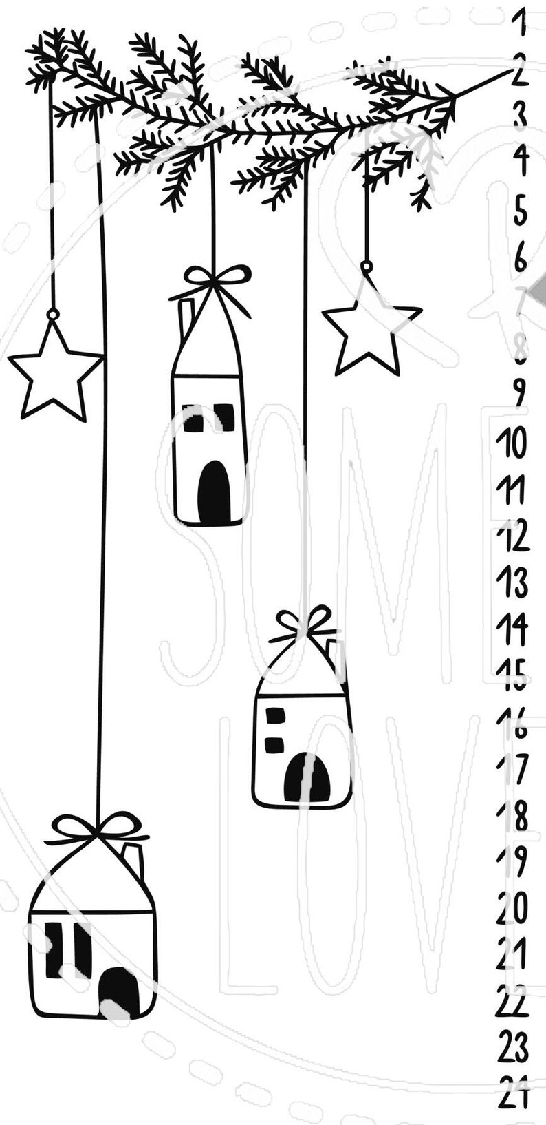 May include: Black and white illustration of a Christmas tree with four ornaments hanging from it. The ornaments are a star, a house, and two houses with windows. The numbers 1 through 24 are listed on the right side of the image.