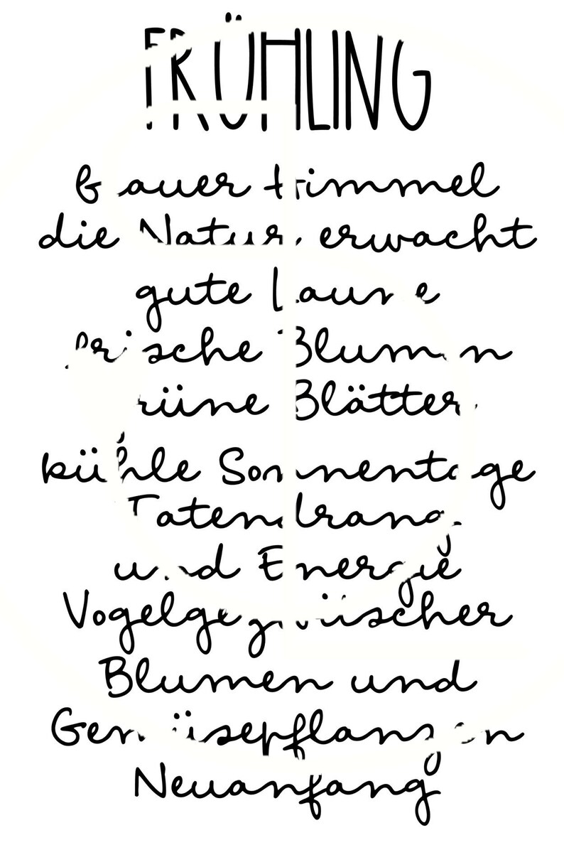 Peut inclure: Texte manuscrit noir et blanc sur fond blanc. Le texte dit "FR&Uuml;HLING" et comprend un po&egrave;me sur l'arriv&eacute;e du printemps. Le po&egrave;me mentionne le ciel bleu, la nature qui s'&eacute;veille, le beau temps, les fleurs qui fleurissent, les feuilles vertes, le soleil chaud, les oiseaux qui chantent et les nouveaux commencements.